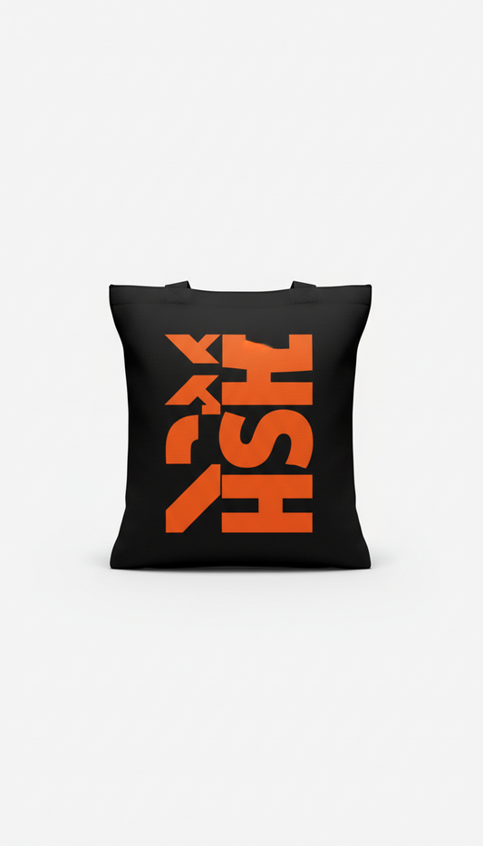 Matte-Black Tote Bag with Flash Orange Graphic